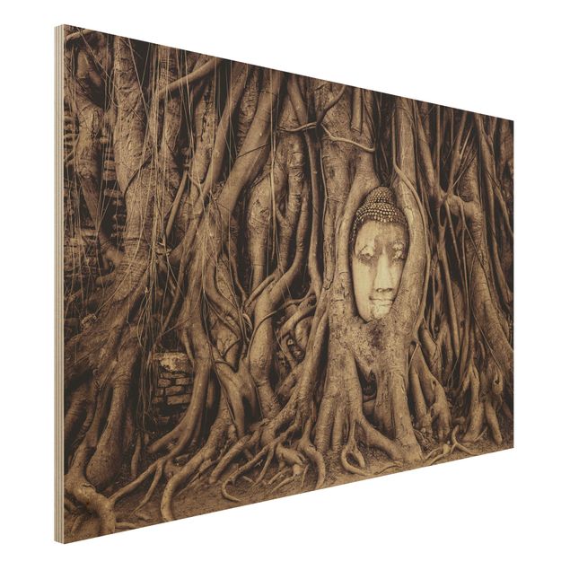 Holzbilder Vintage Buddha in Ayutthaya von Baumwurzeln gesäumt in Braun