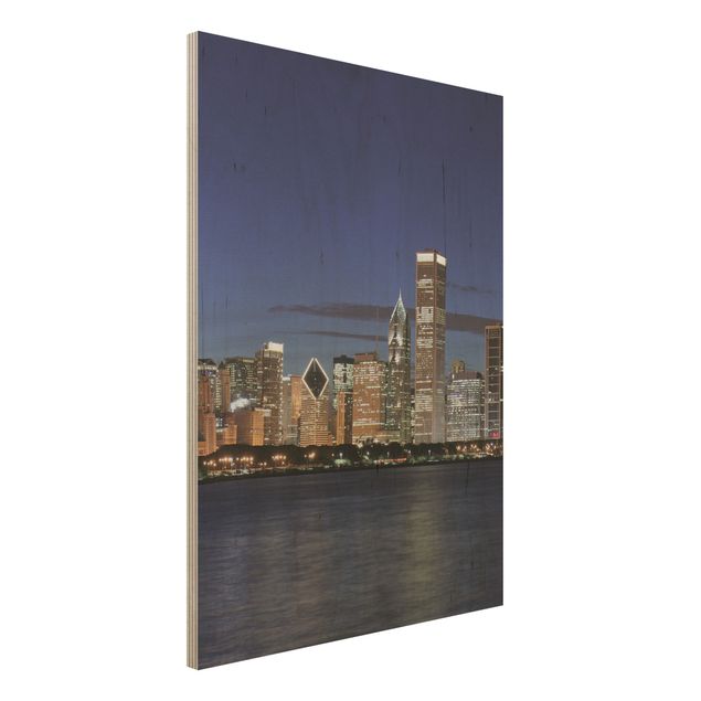 Moderne Holzbilder Chicago Skyline bei Nacht