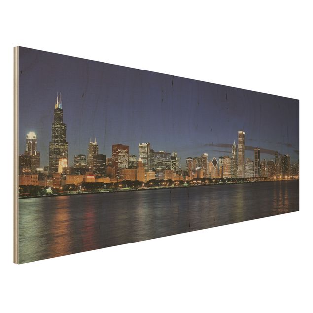 Holzbilder modern Chicago Skyline bei Nacht