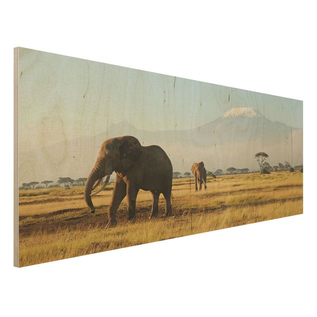 Holzbilder Landschaften Elefanten vor dem Kilimanjaro in Kenya