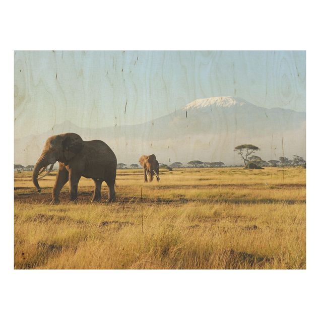 Holzbilder modern Elefanten vor dem Kilimanjaro in Kenya