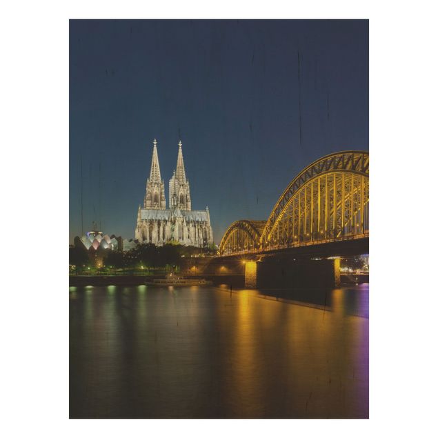 Holzbild Skyline Köln bei Nacht