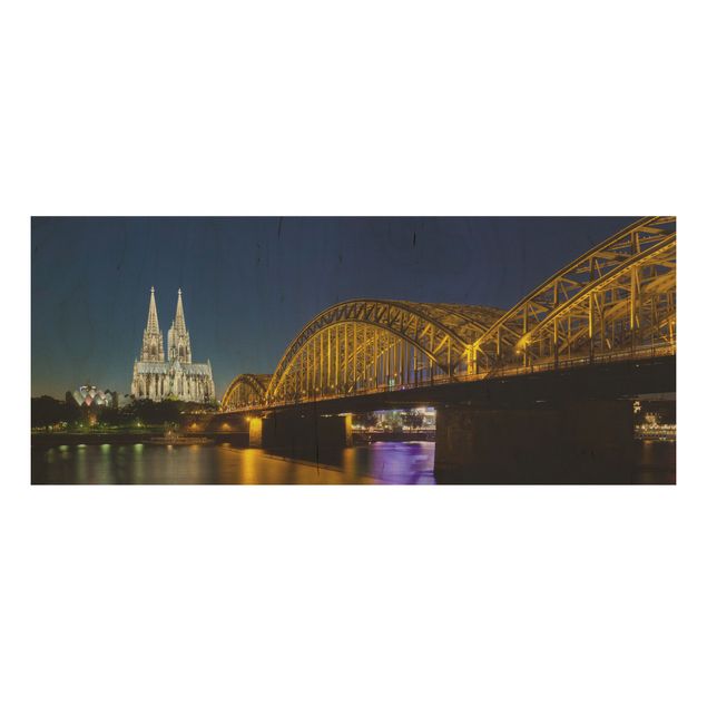 Holzbild Skyline Köln bei Nacht