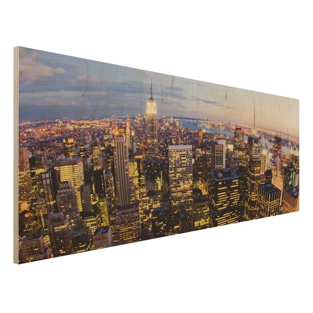 Holzbilder modern New York Skyline bei Nacht