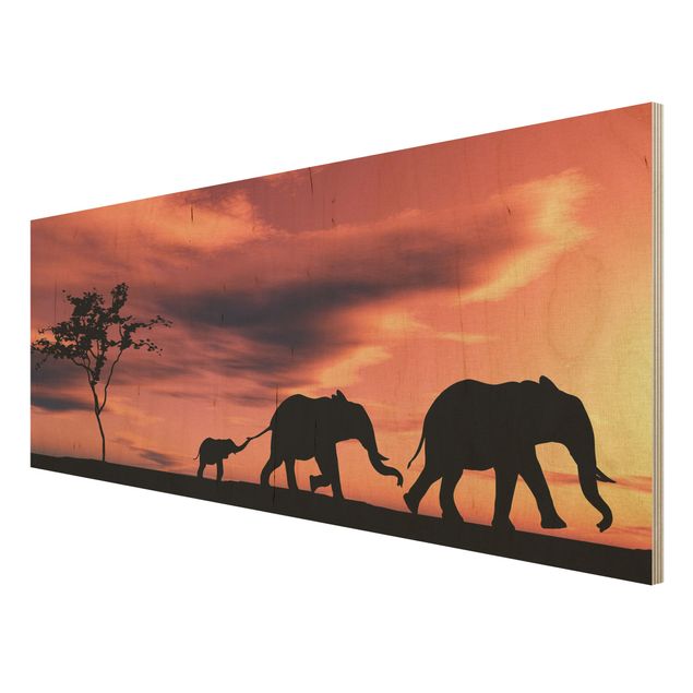 Holzbild Skyline Savannah Elefant Family