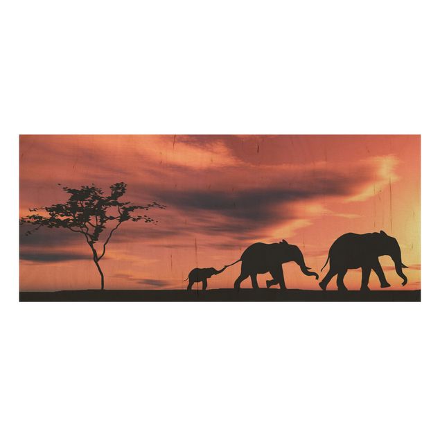 Moderne Holzbilder Savannah Elefant Family