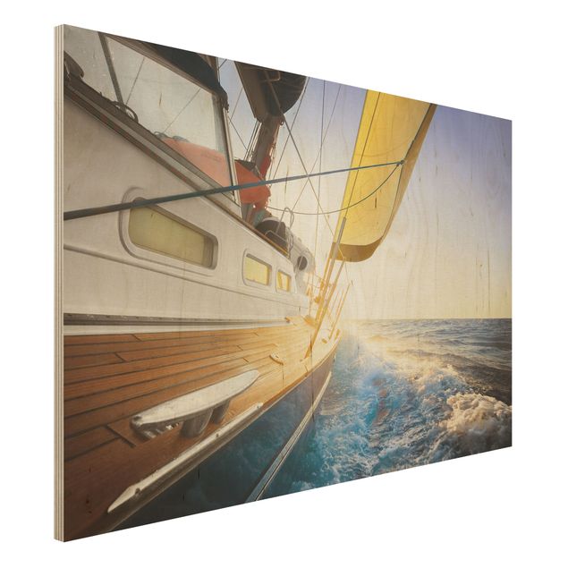Holzbild maritim Segelboot auf blauem Meer bei Sonnenschein