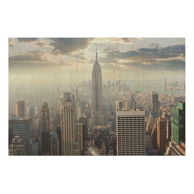 Holzbild Skyline Sonnenaufgang in New York