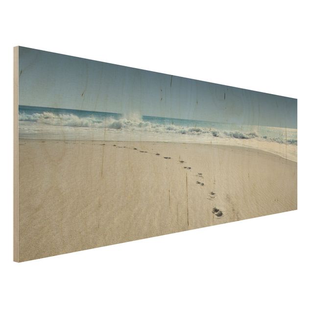 Maritime Bilder auf Holz Spuren im Sand