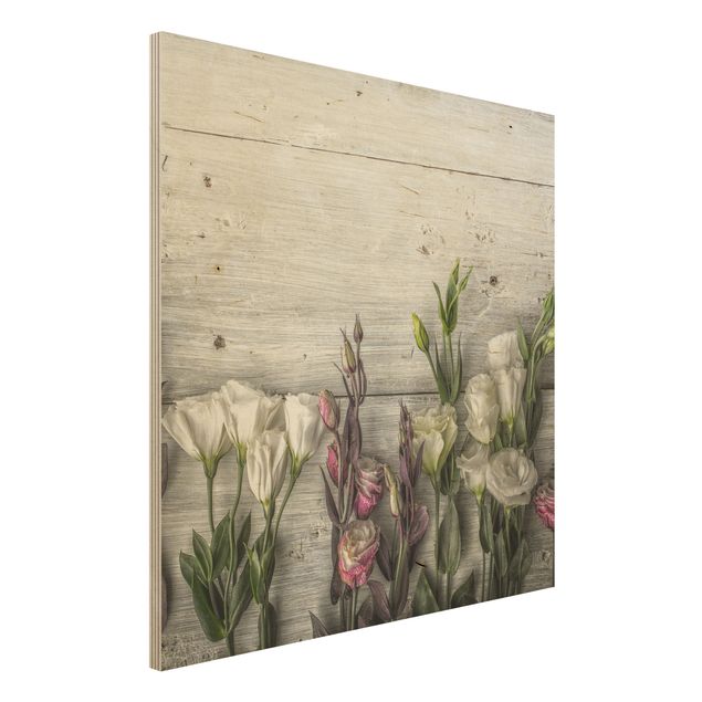 Wandbild Holz Vintage Tulpen-Rose Shabby Holzoptik