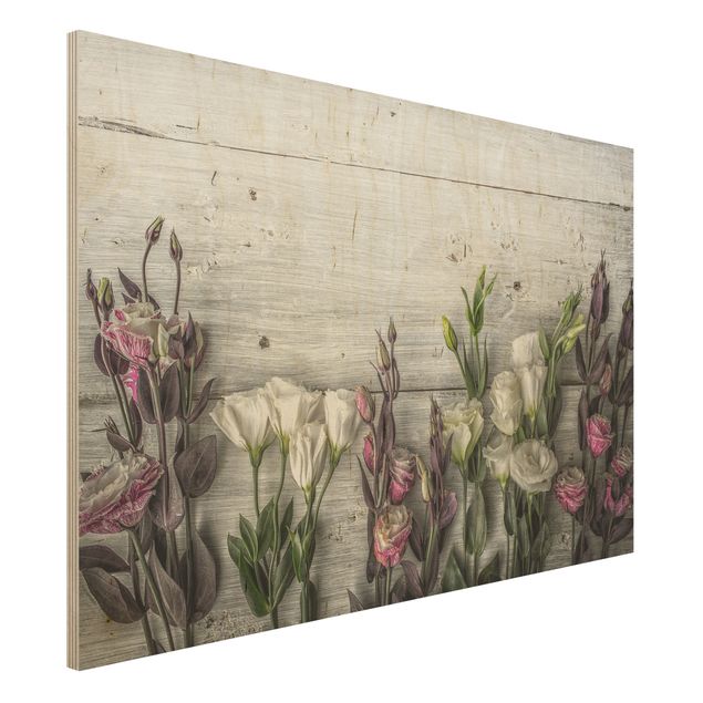Wandbild Holz Vintage Tulpen-Rose Shabby Holzoptik