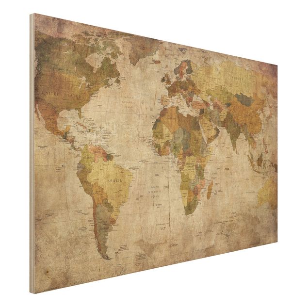 Wandbild Holz Vintage Weltkarte