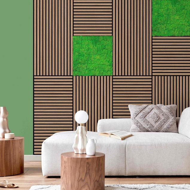 Wandbilder Holzwand Eiche dunkel & Mooswand grasgrün Wandcollage