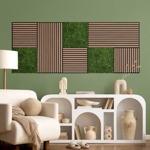 Bilder für die Wand Holzwand Eiche dunkel & Mooswand olivgrün Wandcollage