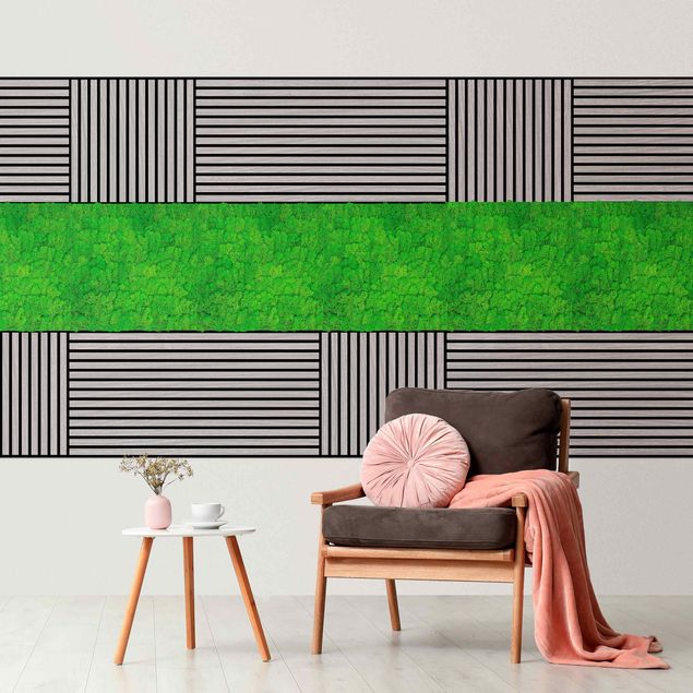 Bilderwand Holzwand Eiche grau & Mooswand grasgrün Wandcollage