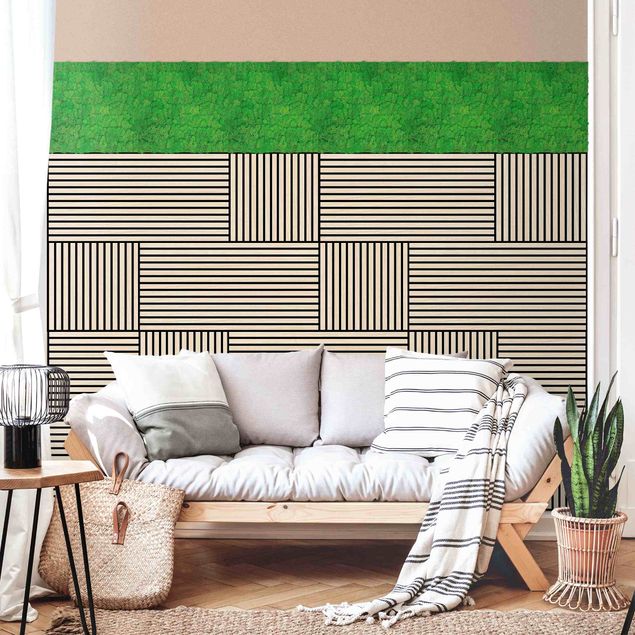 Wandbilder Holzwand Eiche hell & Mooswand grasgrün Wandcollage
