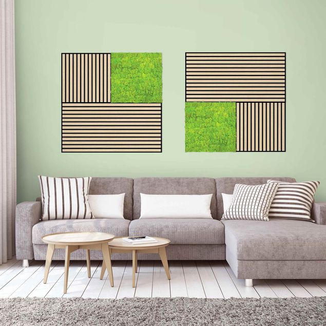 Wandbilder Holzwand Eiche natur & Mooswand apfelgrün Wandcollage