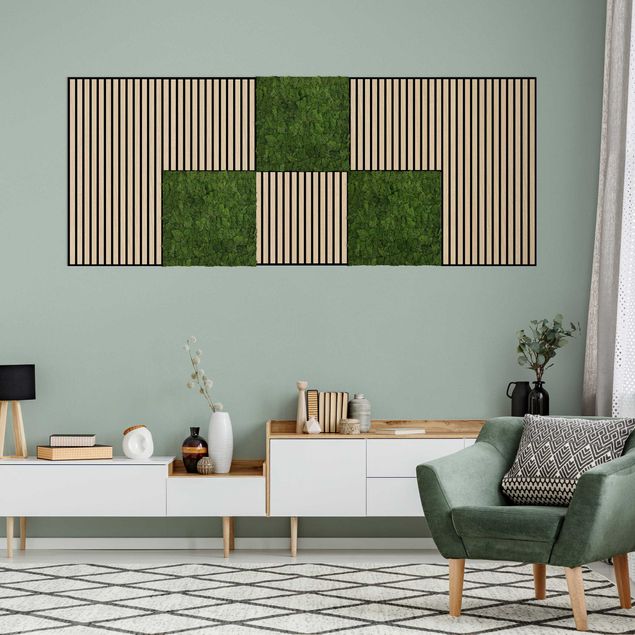 Bilder für die Wand Holzwand Eiche natur & Mooswand olivgrün Wandcollage