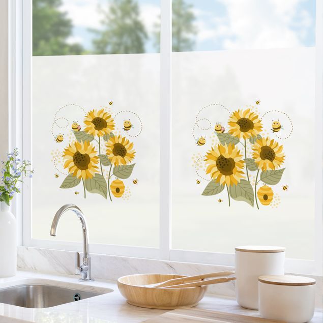 Fensterfolie Gräser Honigbienen auf Sonnenblumen
