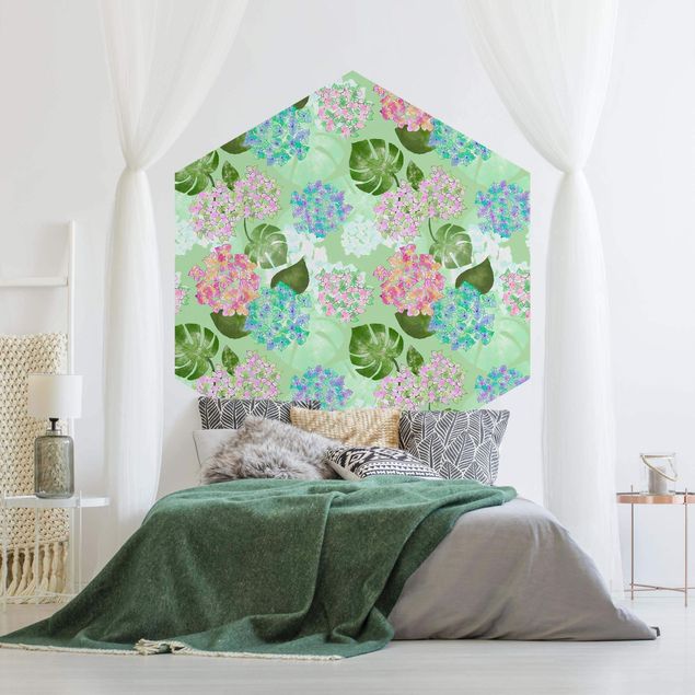 Hexagon Mustertapete selbstklebend - Hortensie im Paradies Grün