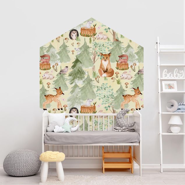 Wandtapete Tiere Igel und Fuchs mit Bäumen Grün