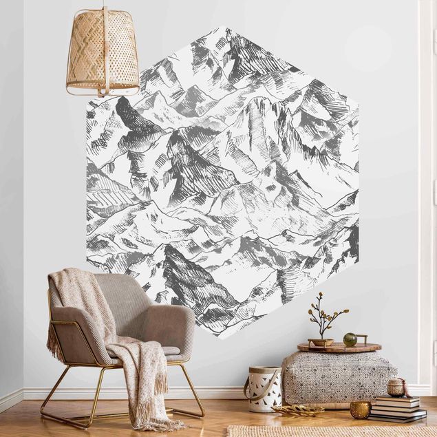 Schwarz-Weiß Tapete Illustration Berglandschaft Grau