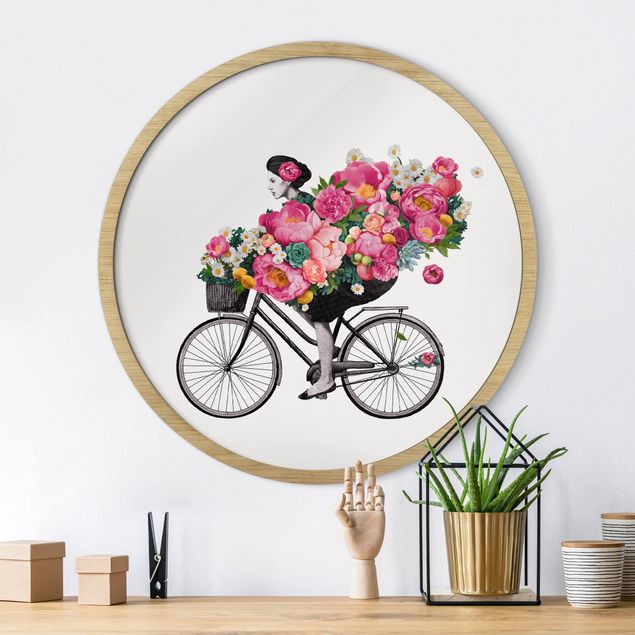 Wandbild rund Illustration Frau auf Fahrrad Collage bunte Blumen