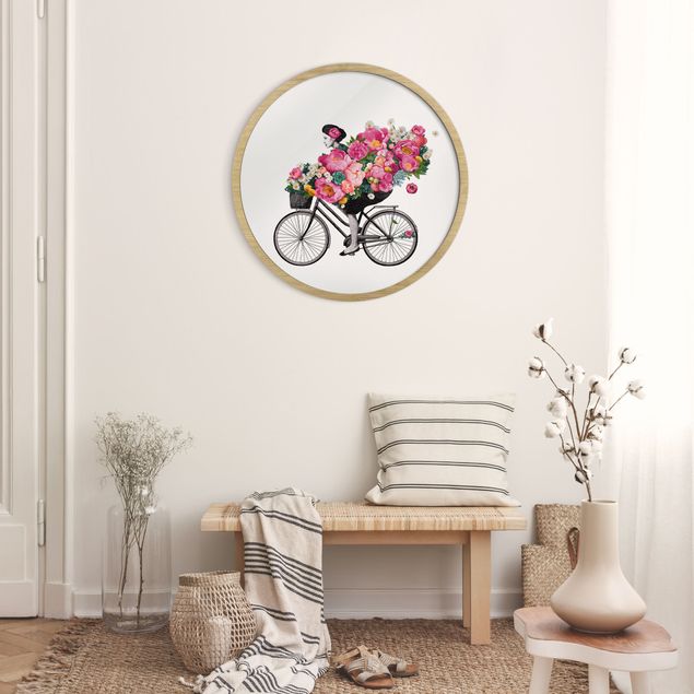 Bilder mit Rahmen Blumen Illustration Frau auf Fahrrad Collage bunte Blumen