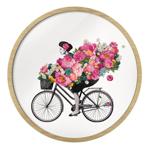 Schöne Wandbilder Illustration Frau auf Fahrrad Collage bunte Blumen