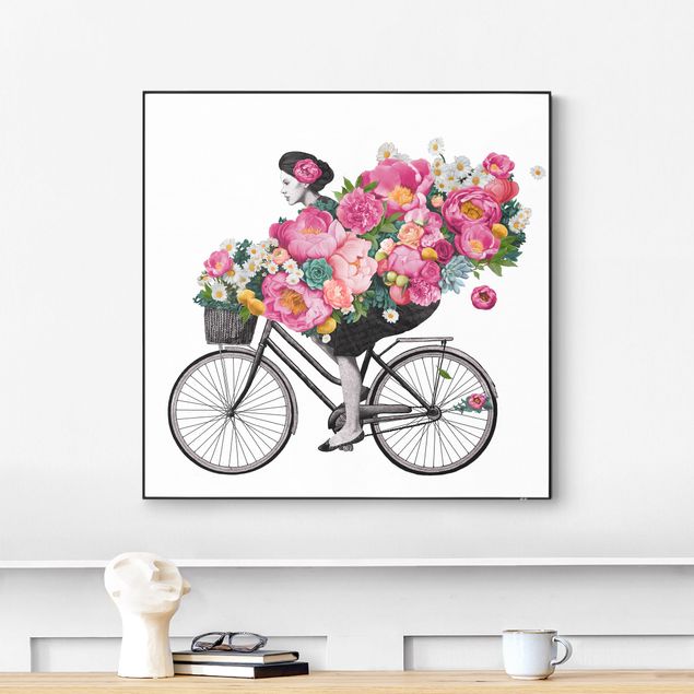 Wandbilder Illustration Frau auf Fahrrad Collage bunte Blumen