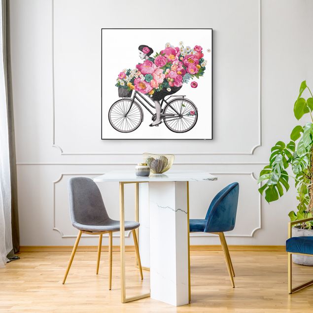 Wechselbilder Illustration Frau auf Fahrrad Collage bunte Blumen