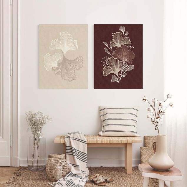 Leinwandbilder Wohnzimmer modern Illustration Ginkoblätter Beige und Bordeaux