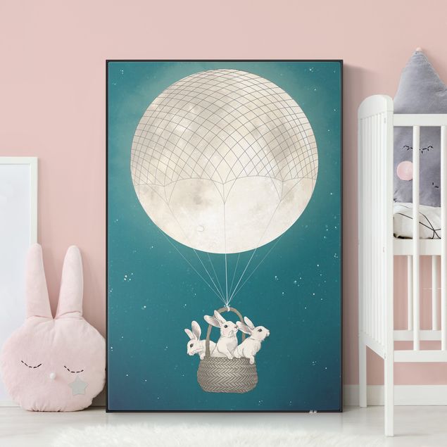 Schallschutzbilder mit Spannrahmen Illustration Hasen Mond-Heißluftballon Sternenhimmel