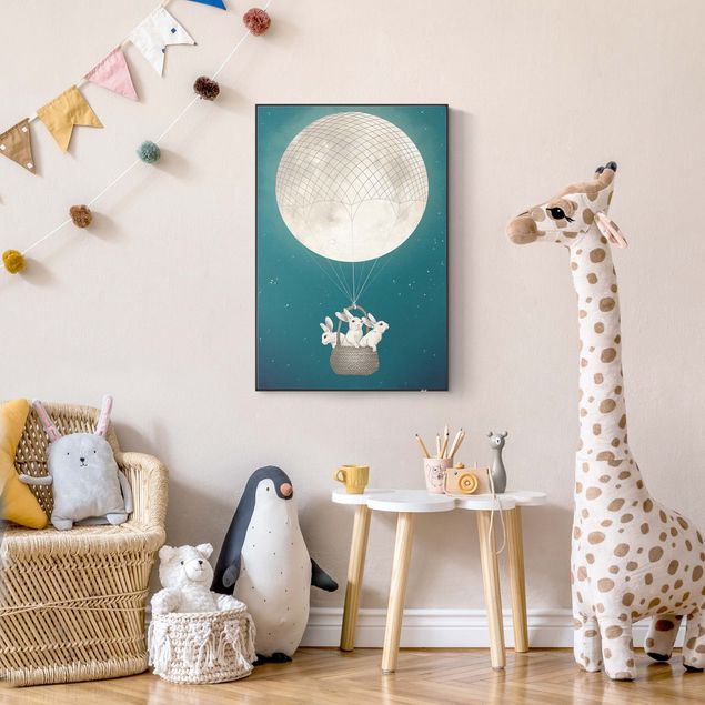 Bilder für die Wand Illustration Hasen Mond-Heißluftballon Sternenhimmel