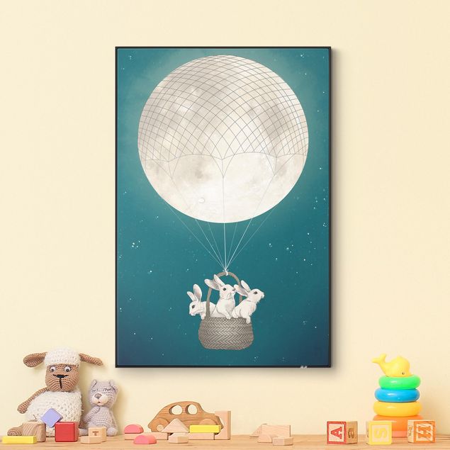 Wechselbilder Illustration Hasen Mond-Heißluftballon Sternenhimmel