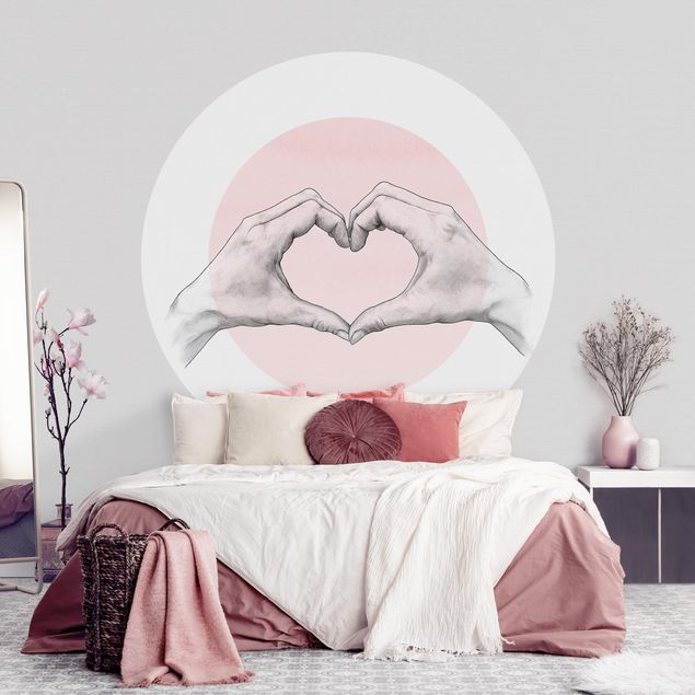 Romantische Schlafzimmer Tapete Illustration Herz Hände Kreis Rosa Weiß