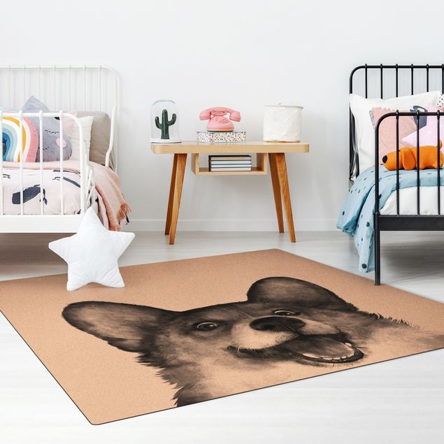 Moderner Teppich Illustration Hund Corgi Weiß Schwarz Malerei
