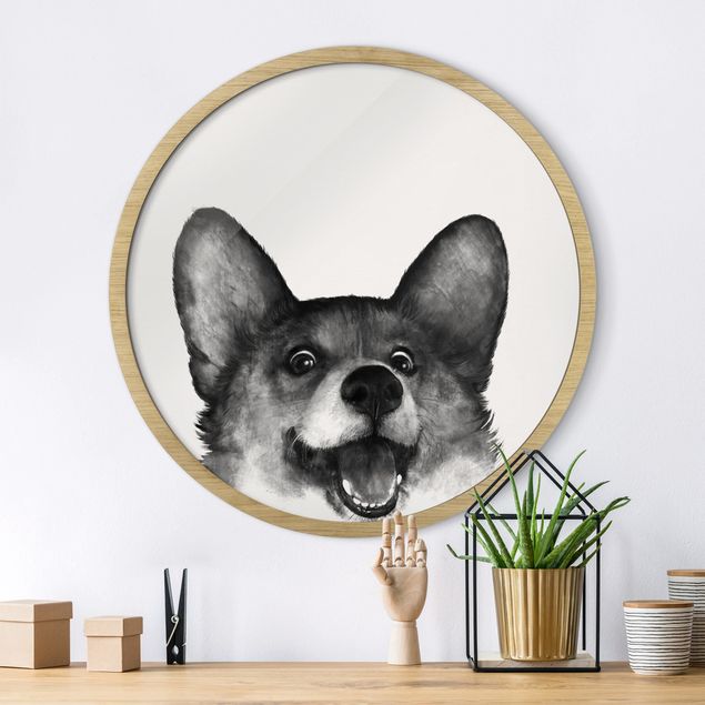 Wandbild rund Illustration Hund Corgi Weiß Schwarz Malerei