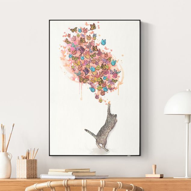 Wandbilder Tiere Illustration Katze mit bunten Schmetterlingen Malerei