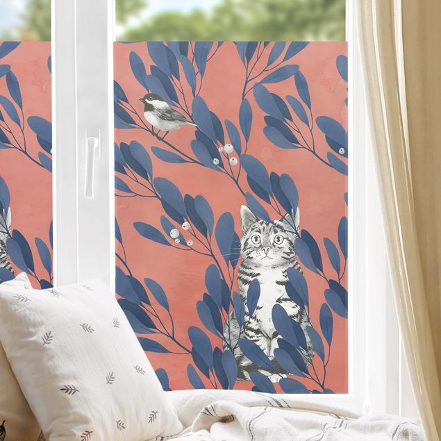 Fensterbild Tiere Illustration Katze und Vogel auf Ast Blau Rot
