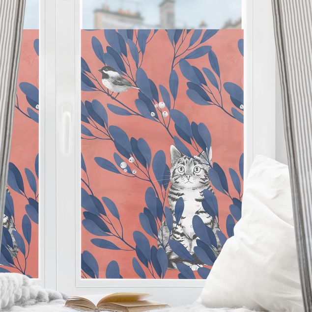 Fensterfolie Farbig Illustration Katze und Vogel auf Ast Blau Rot