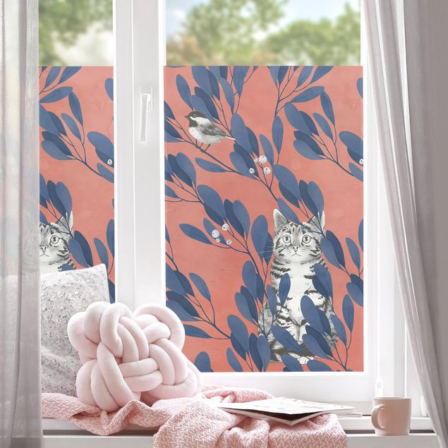 Fensterfolie Wohnzimmer Illustration Katze und Vogel auf Ast Blau Rot
