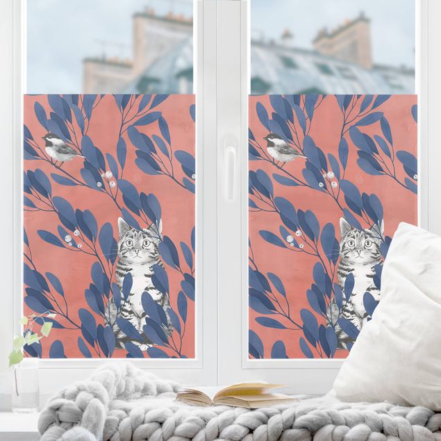 Fensterbild rot Illustration Katze und Vogel auf Ast Blau Rot