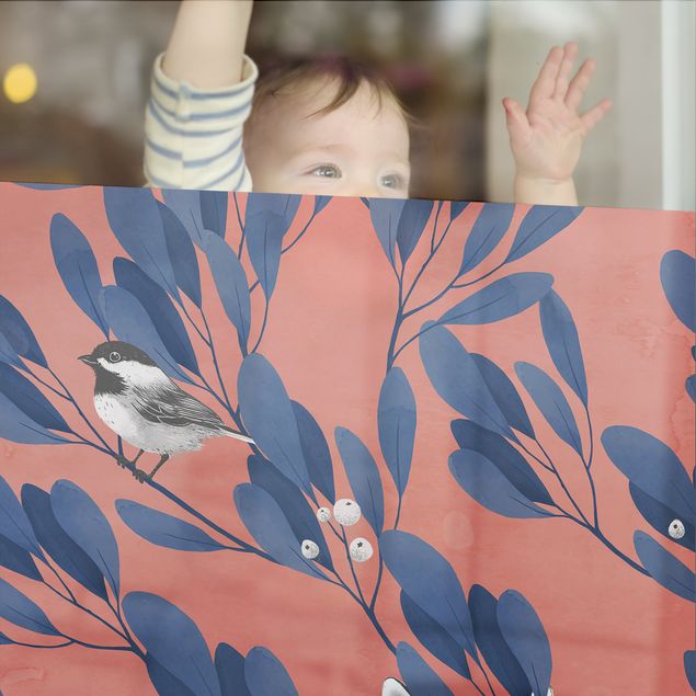 Fensterfolie Vögel Illustration Katze und Vogel auf Ast Blau Rot