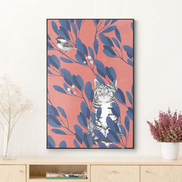 Wandbilder Tiere Illustration Katze und Vogel auf Ast Blau Rot
