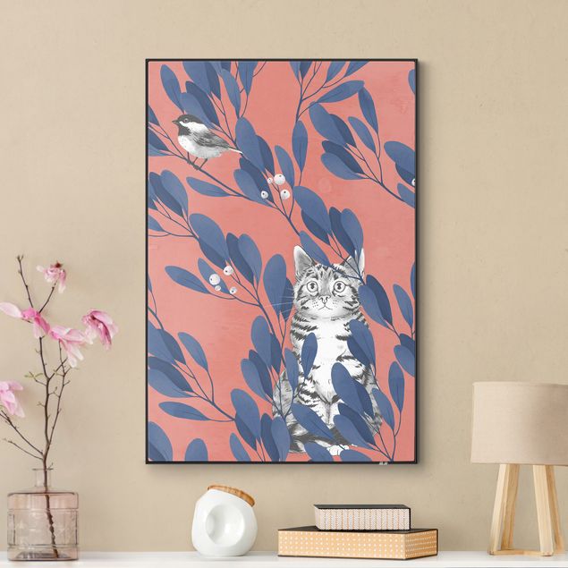 Wechselbilder Illustration Katze und Vogel auf Ast Blau Rot