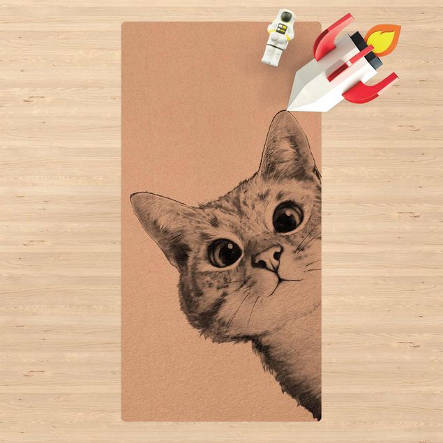 Kork-Teppich - Illustration Katze Zeichnung Schwarz Weiß - Hochformat 1:2