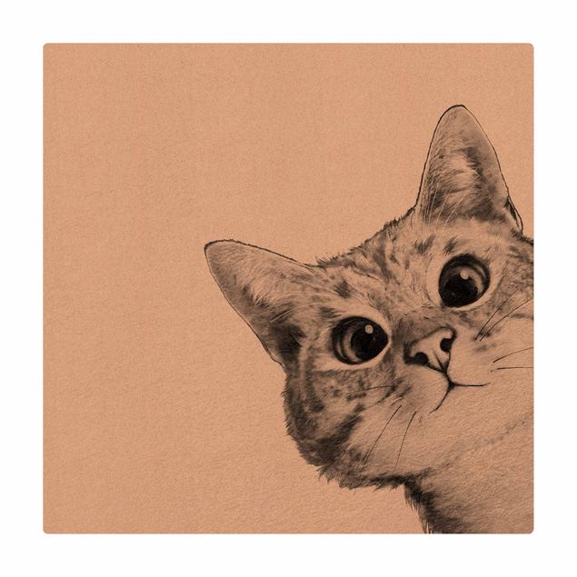 Kork-Teppich - Illustration Katze Zeichnung Schwarz Weiß - Quadrat 1:1