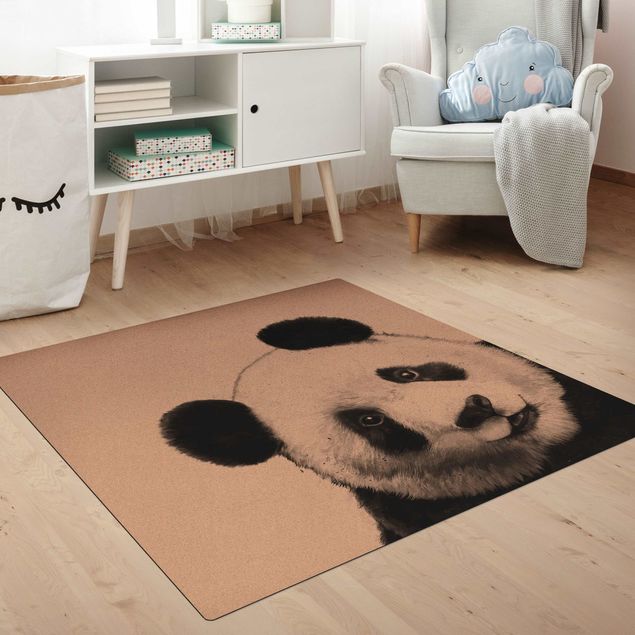Moderner Teppich Illustration Panda Schwarz Weiß Malerei