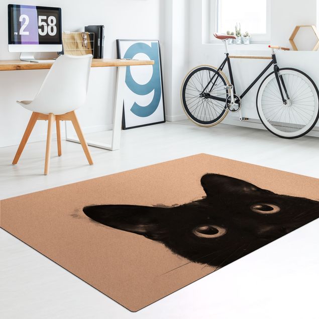 Teppich modern Illustration Schwarze Katze auf Weiß Malerei